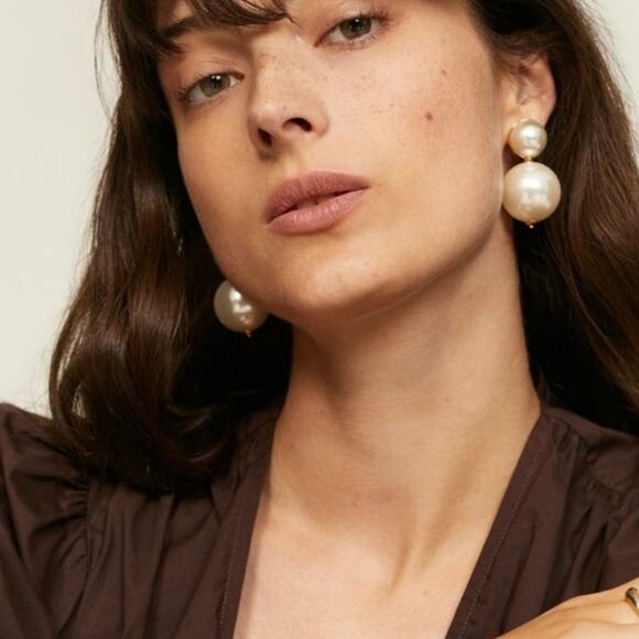 Lele Sadoughi Designer Large White Faux Pearl Double Drop Pierced Earrings - Picture 9 of 12